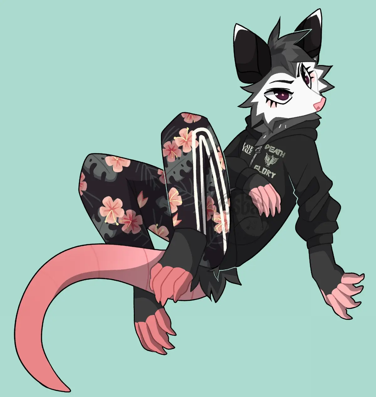 A stylized anthropomorphic animal character with black and white fur, purple eyes, and a long pink tail is depicted lounging…