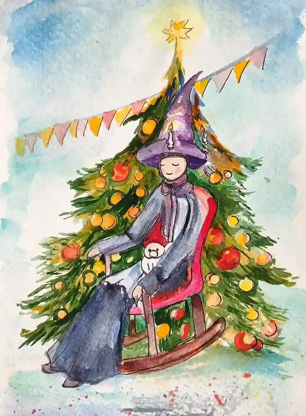 A watercolor illustration shows a person wearing a purple wizard’s hat with a candle on it, sitting in a red rocking chair…