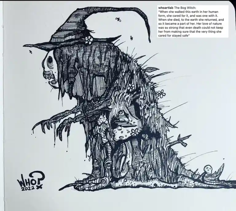 A black-and-white ink drawing depicts a skeletal witch with a wide-brimmed hat, her body fused with tree roots, moss, and…