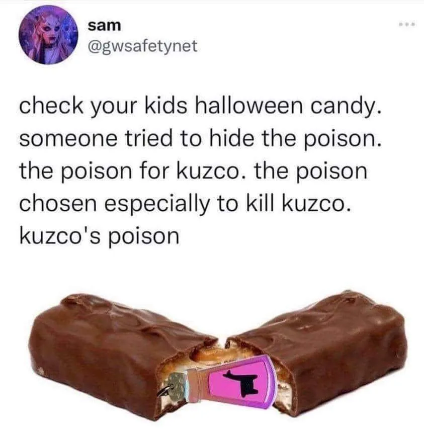 A broken chocolate candy bar with a small purple vial labeled with a black top hat symbol embedded in its center. The…
