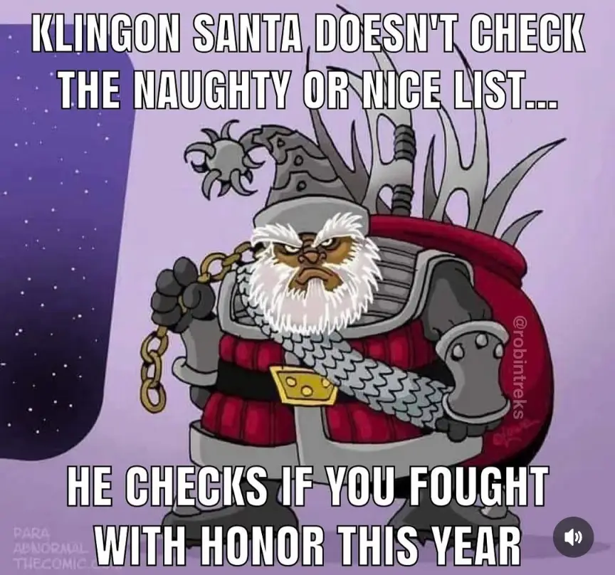 A cartoon depiction of a Klingon Santa Claus, wearing armor and a spiked helmet, holding a chain, with a starry space…