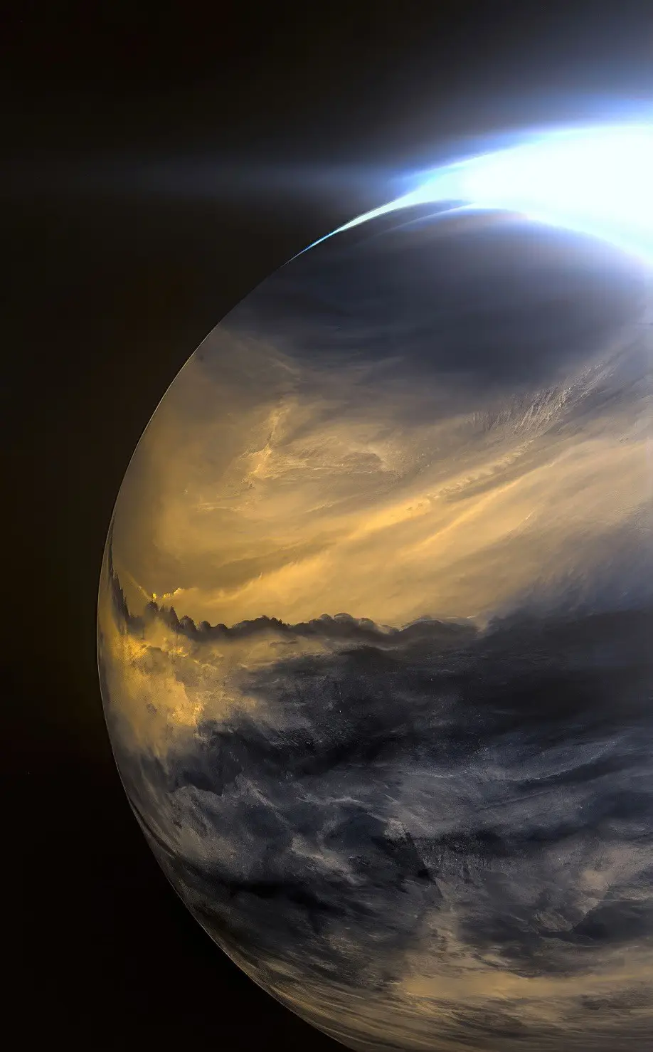 A dramatic space image shows a planet with swirling golden and dark clouds, illuminated by a bright blue-white light source…