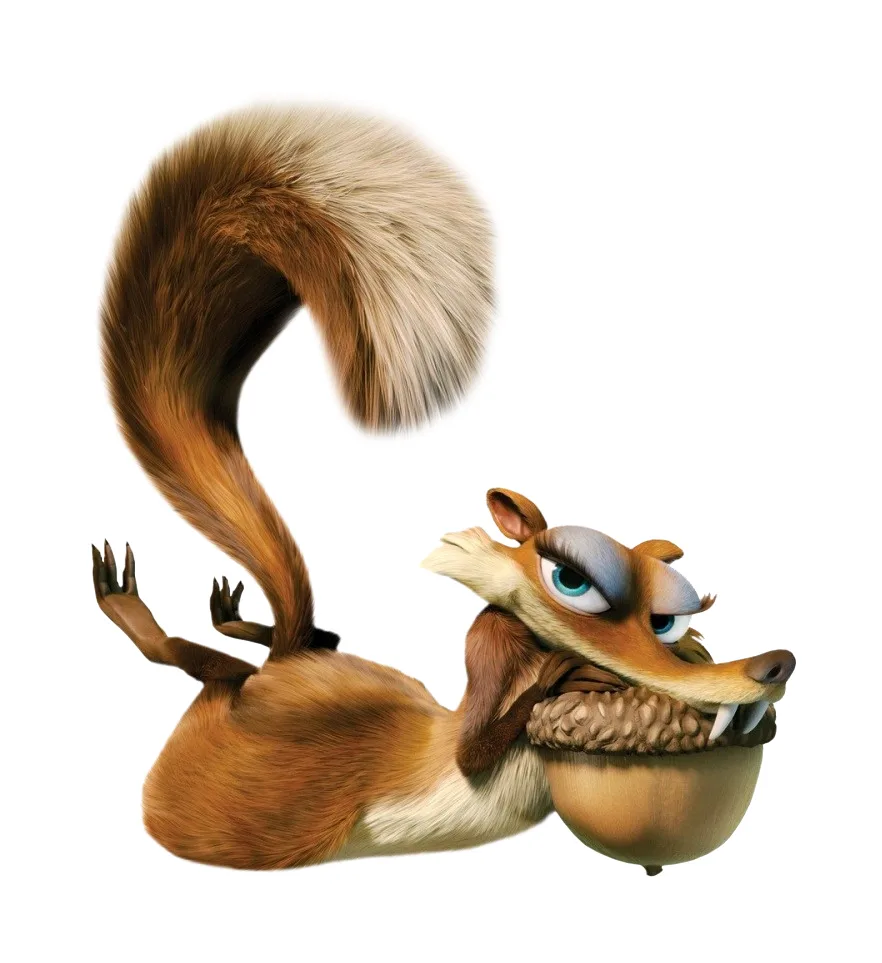 A cartoon squirrel with a large bushy tail is shown upside down, holding an acorn in its mouth with a determined, slightly…