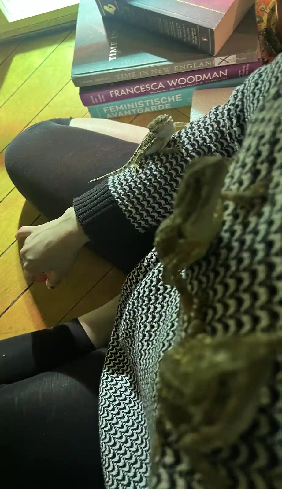 A person wearing a black-and-white patterned sweater sits on a wooden floor with a stack of books behind them, including…