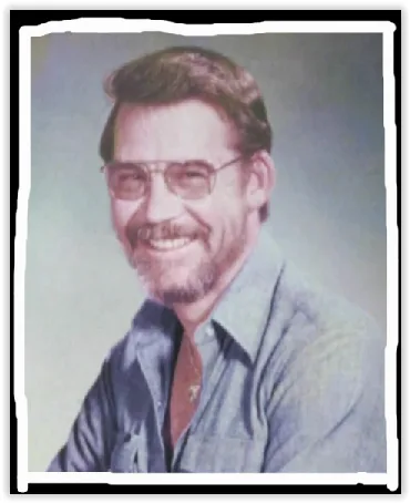 A vintage-style portrait of a smiling man with glasses and a beard, wearing a collared shirt and tie, overlaid with the text…