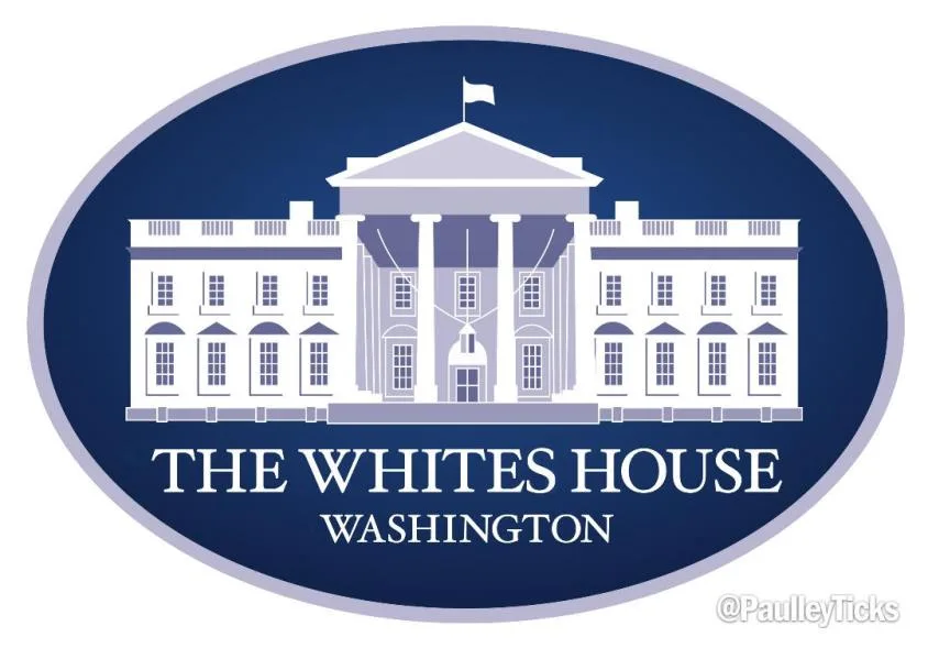 The image displays the official seal of the White House, featuring a white silhouette of the building against a dark blue…