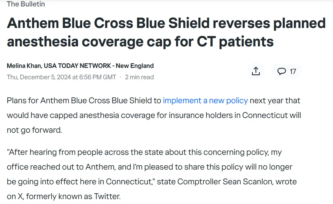 A screenshot of a USA TODAY NETWORK article headline announcing that Anthem Blue Cross Blue Shield has reversed its plan to…