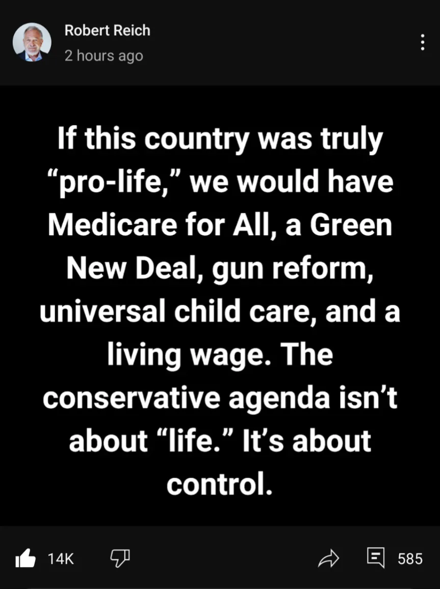 A screenshot of a Facebook post by Robert Reich, showing white text on a black background. The text argues that a truly…