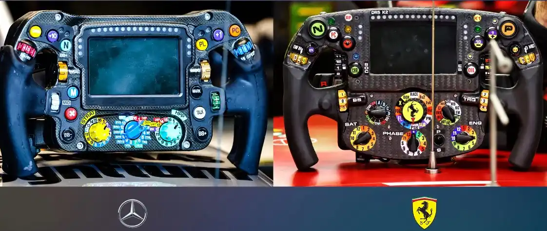 The image displays two Formula 1 steering wheels side by side: a blue Mercedes wheel on the left and a black Ferrari wheel…