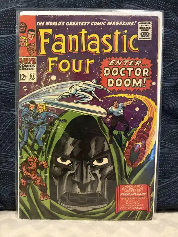 A vintage Fantastic Four comic book cover from Marvel Comics Group, issue #57, priced at 12 cents and dated December…