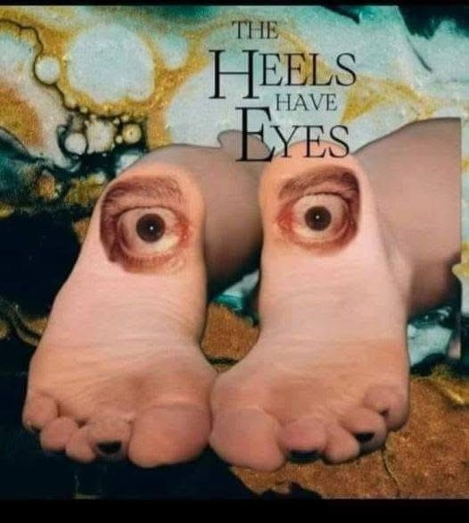 A close-up image of two human feet with cartoonish eyes superimposed on the heels, set against a textured, abstract…