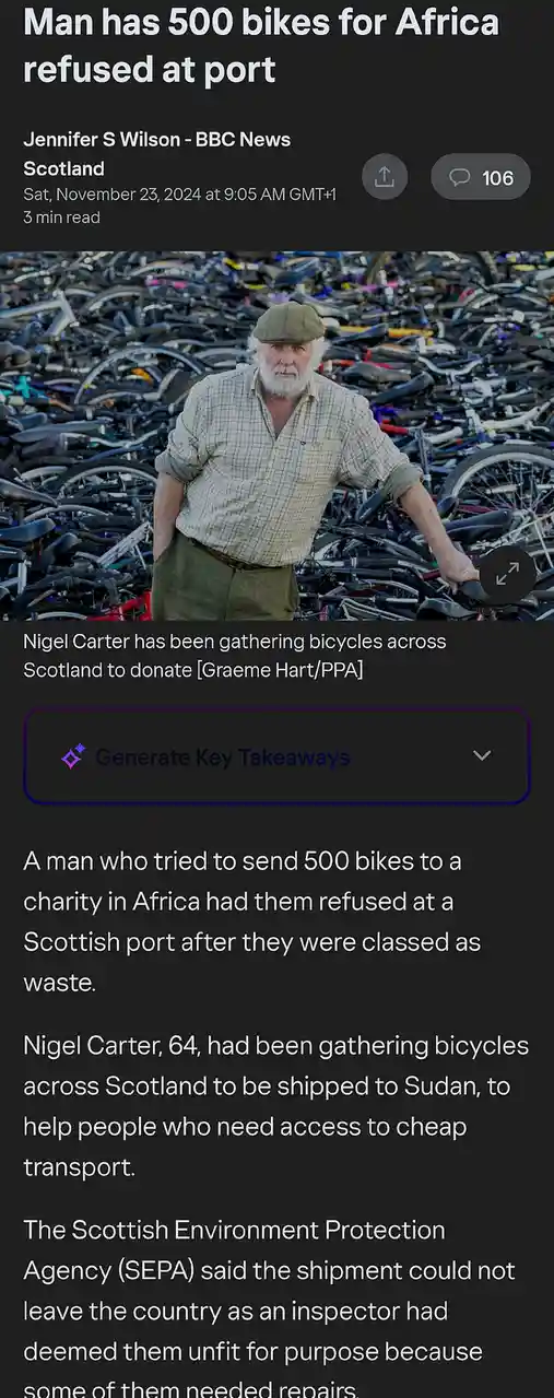 A man with a white beard and flat cap stands in front of a massive pile of bicycles. The overlaid text reads 'Man has 500…