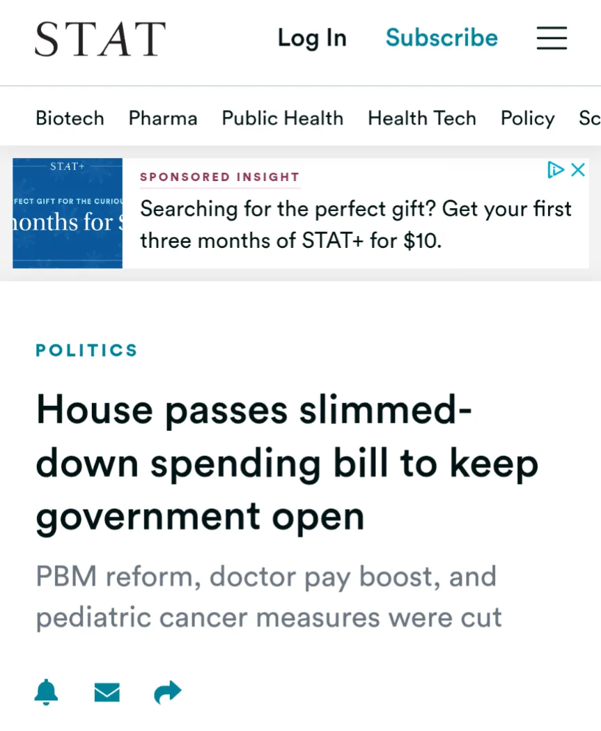 A screenshot of a STAT news article headline about a government spending bill, with overlaid text reading 'House passes…