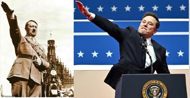 The image is a side-by-side comparison: on the left, a black-and-white photo of Adolf Hitler giving a Nazi salute with a…
