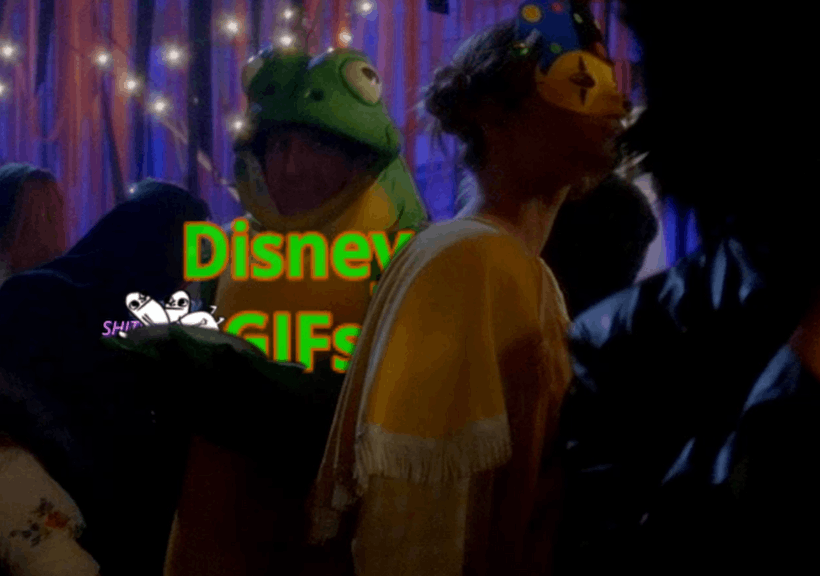 A person in a green frog costume is shown in three panels at a party. The text overlays read 'Disney G'Fs (political…