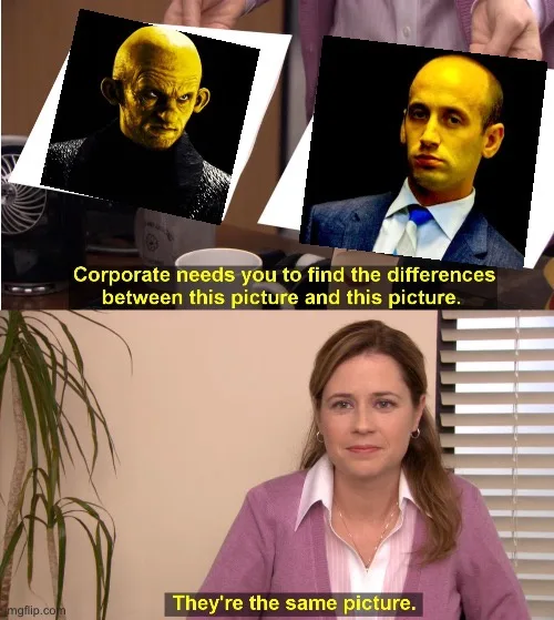 The image is a meme featuring two side-by-side photos: one of a bald, yellow-skinned, menacing character (The Collector from…