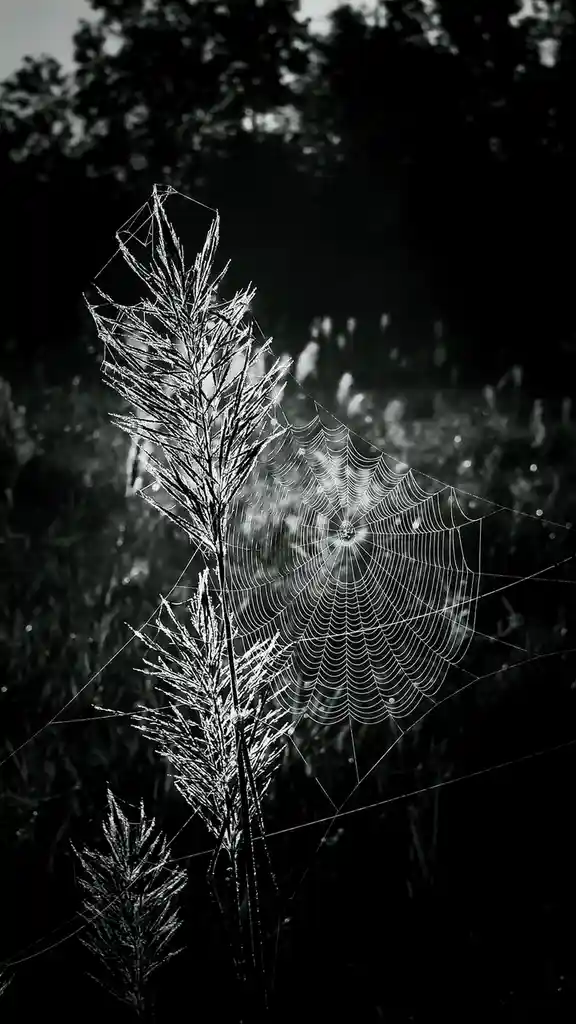 A black-and-white photograph shows a delicate, intricate spiderweb glistening with dew, draped across tall grasses against a…
