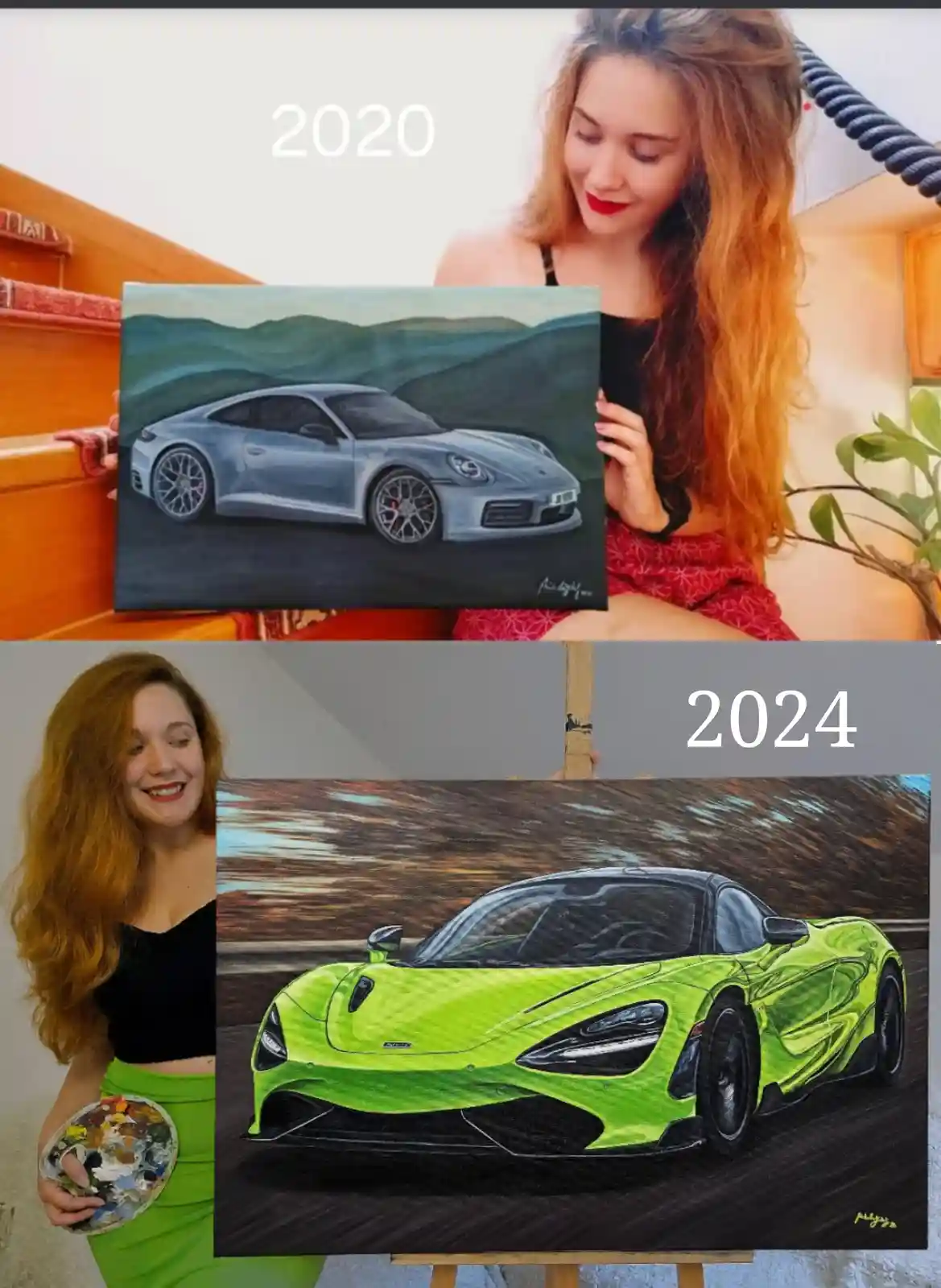 A split image shows a woman holding a painting of a silver Porsche 911 in 2020, and the same woman holding a painting of a…