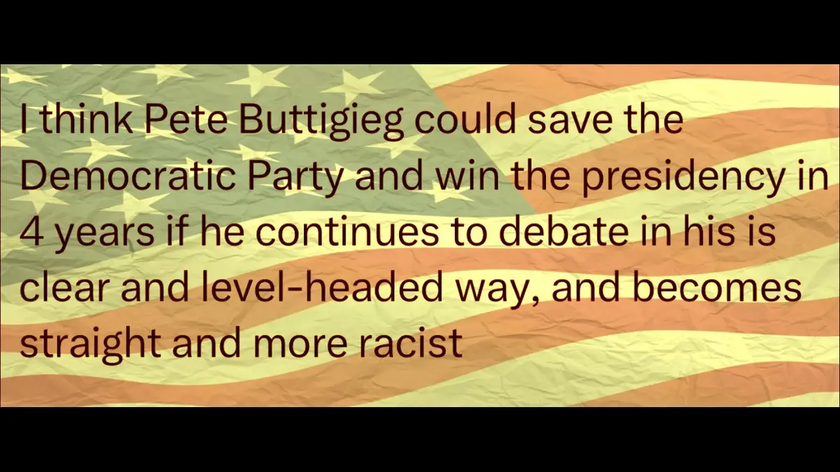 The image displays a crumpled American flag as a background with dark brown text overlaid. The text reads: 'I think Pete…