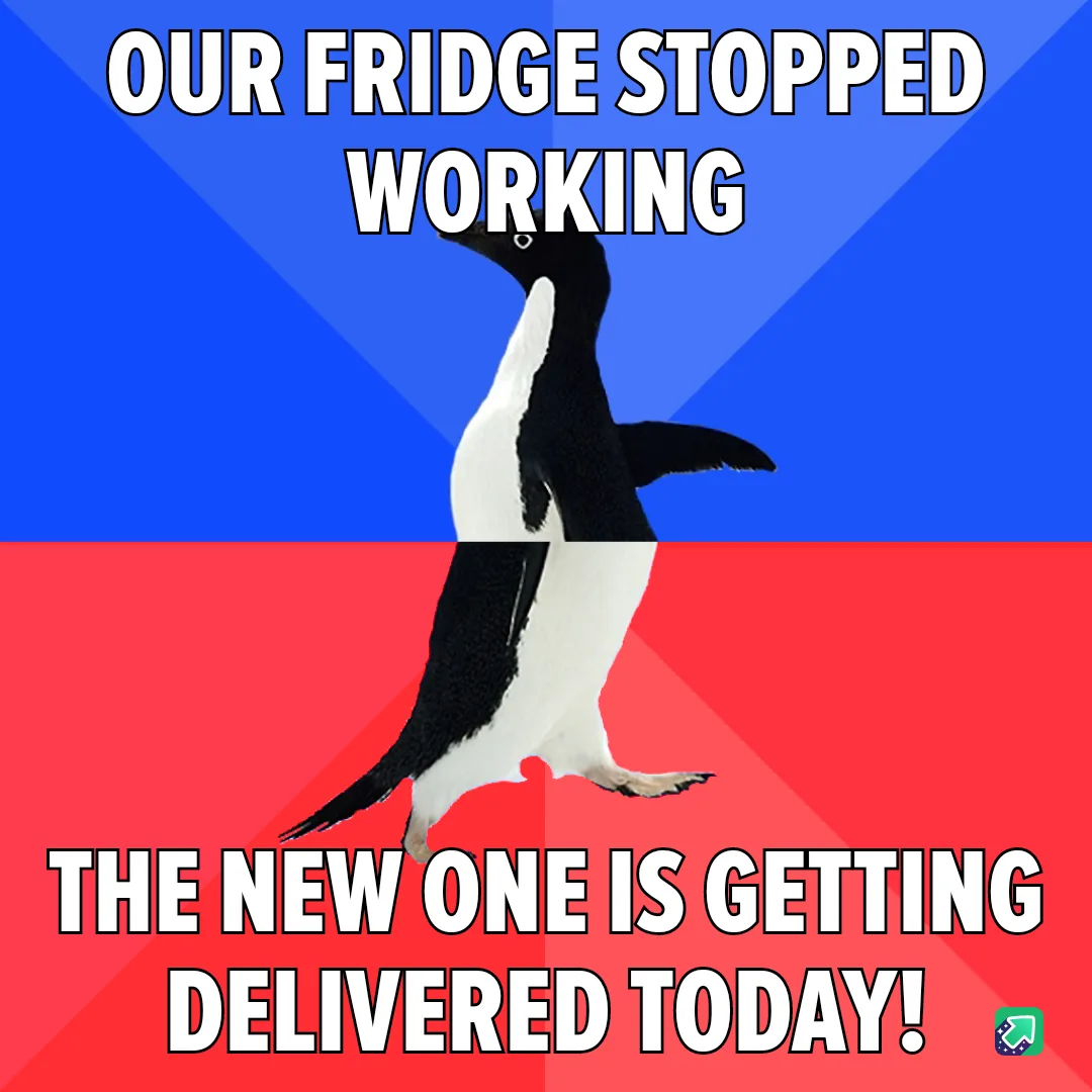 A black-and-white penguin stands upright against a blue-and-red background, with bold white text at the top reading 'OUR…