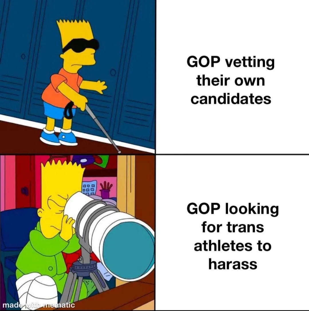 The top panel shows Bart Simpson in a school hallway, wearing sunglasses and using a cane to walk confidently. The bottom…