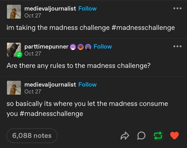A screenshot of a social media thread shows a user named 'medievaljournalist' announcing they're taking a 'madness…