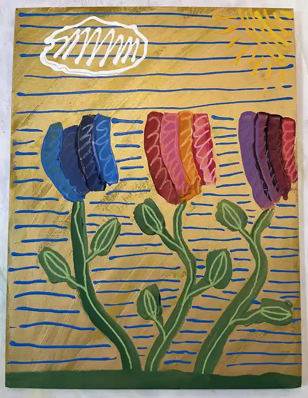 A colorful, stylized painting depicts three flower stems with large, multi-petaled blooms in blue, red-orange, and purple…