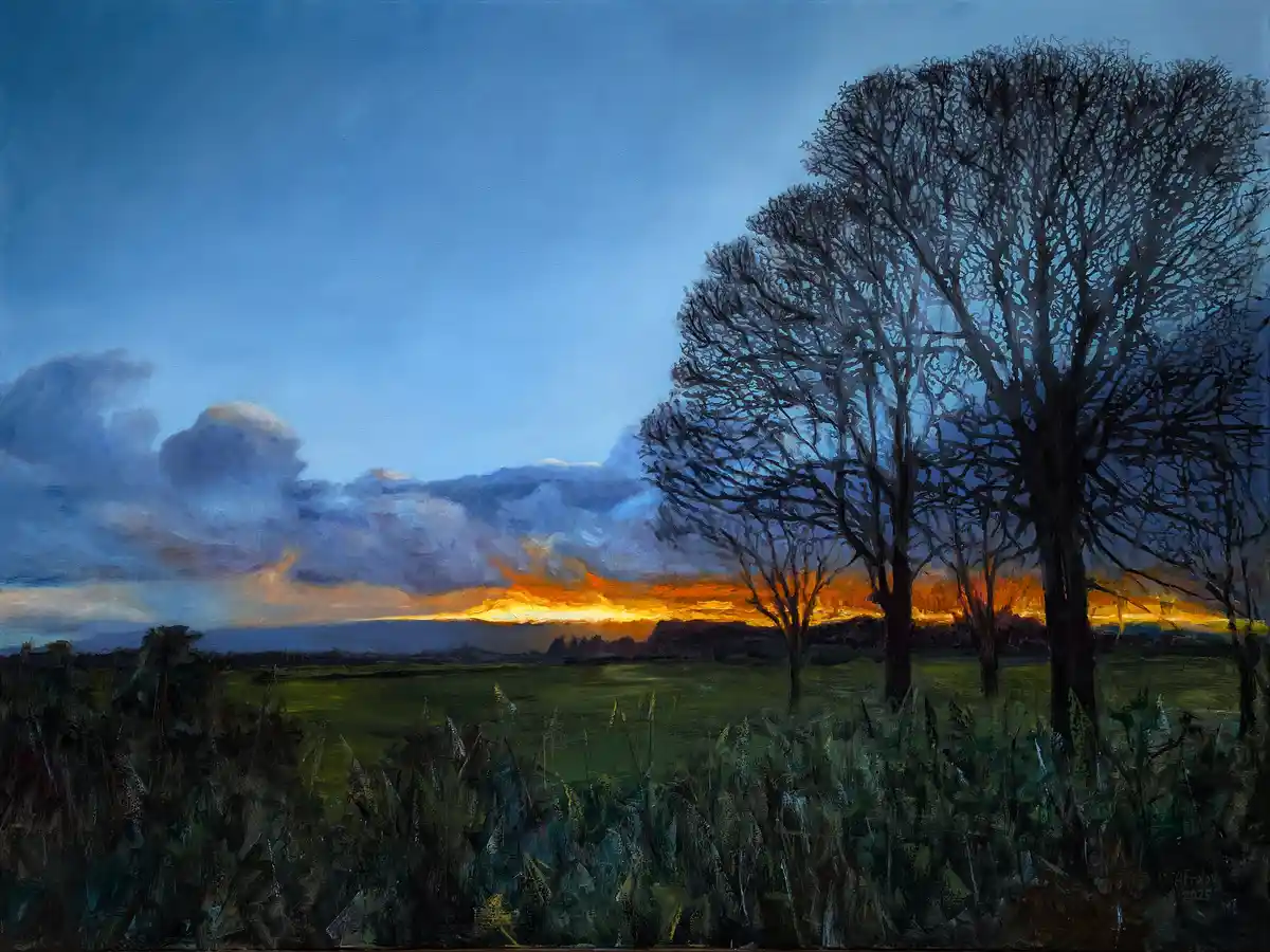 A painting of a serene sunset over a field with bare trees silhouetted against a blue sky and orange horizon. The overlaid…