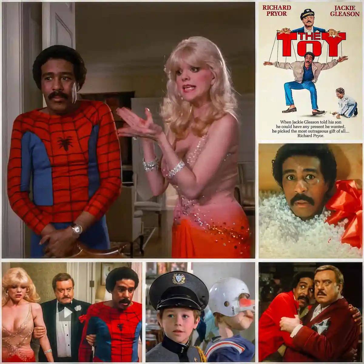A collage of scenes from the 1976 film 'The Toy,' featuring Richard Pryor in a Spider-Man costume, Jackie Gleason as a…