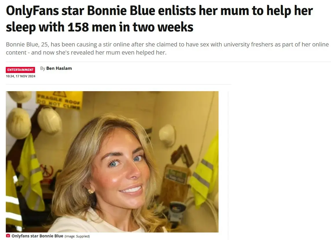 A screenshot of a news article shows a photo of a blonde woman smiling, with the headline overlaid: 'OnlyFans star Bonnie…