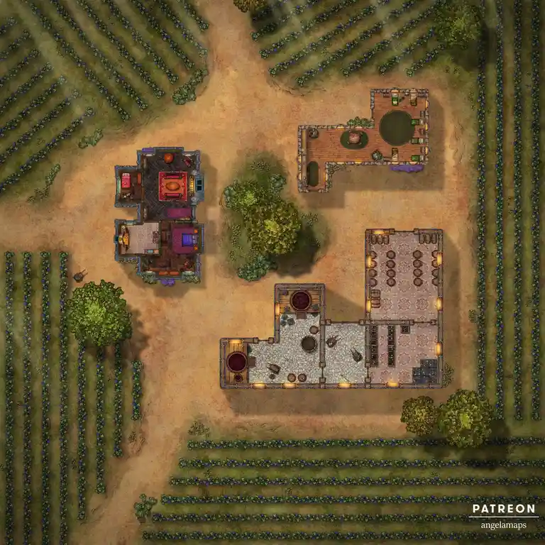 This is a top-down fantasy map showing a tavern, winery, and residential buildings surrounded by neatly arranged grapevines…