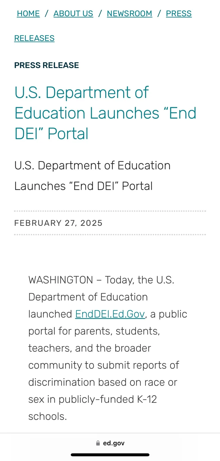 A screenshot of a fake 2025 U.S. Department of Education press release announcing the launch of an "End DEI" portal, with…