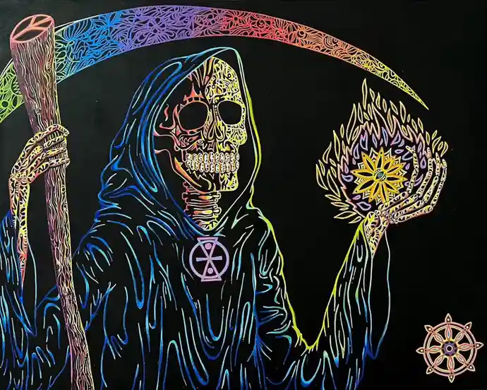 A stylized, colorful depiction of the Grim Reaper with a rainbow-hued scythe and ornate hands, one holding a staff and the…