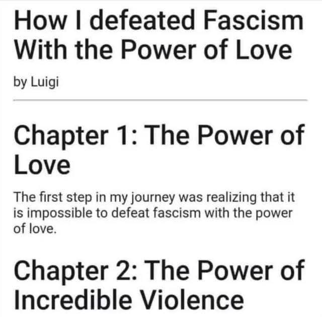The image displays a mock book cover titled 'How I defeated Fascism With the Power of Love by Luigi'. It shows two chapters…