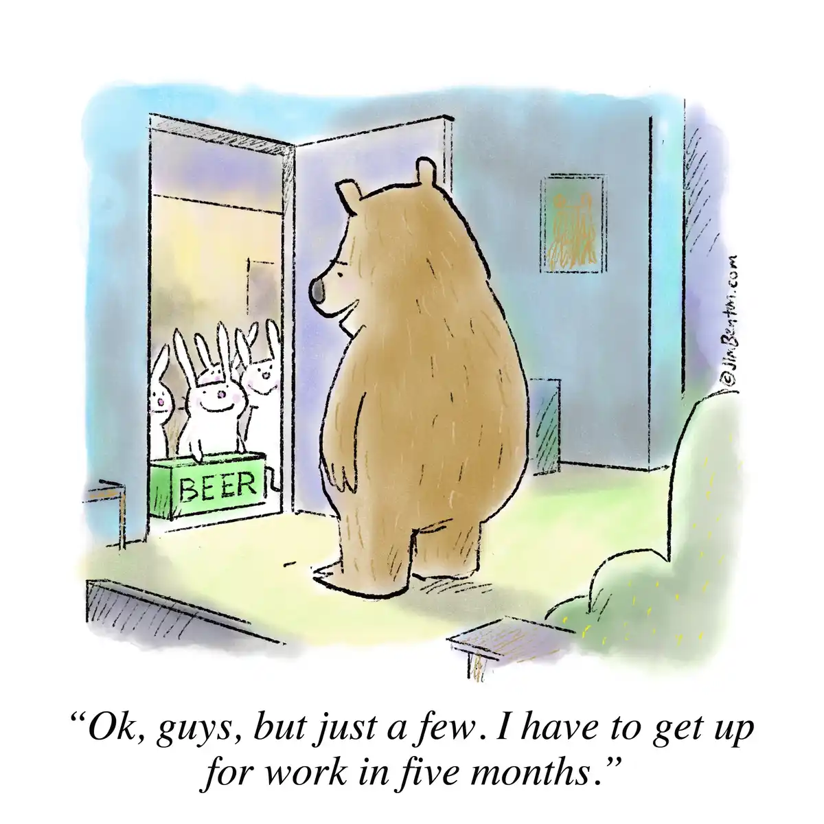 A cartoon brown bear stands inside a room looking out a doorway at several white rabbits. The rabbits are gathered around a…