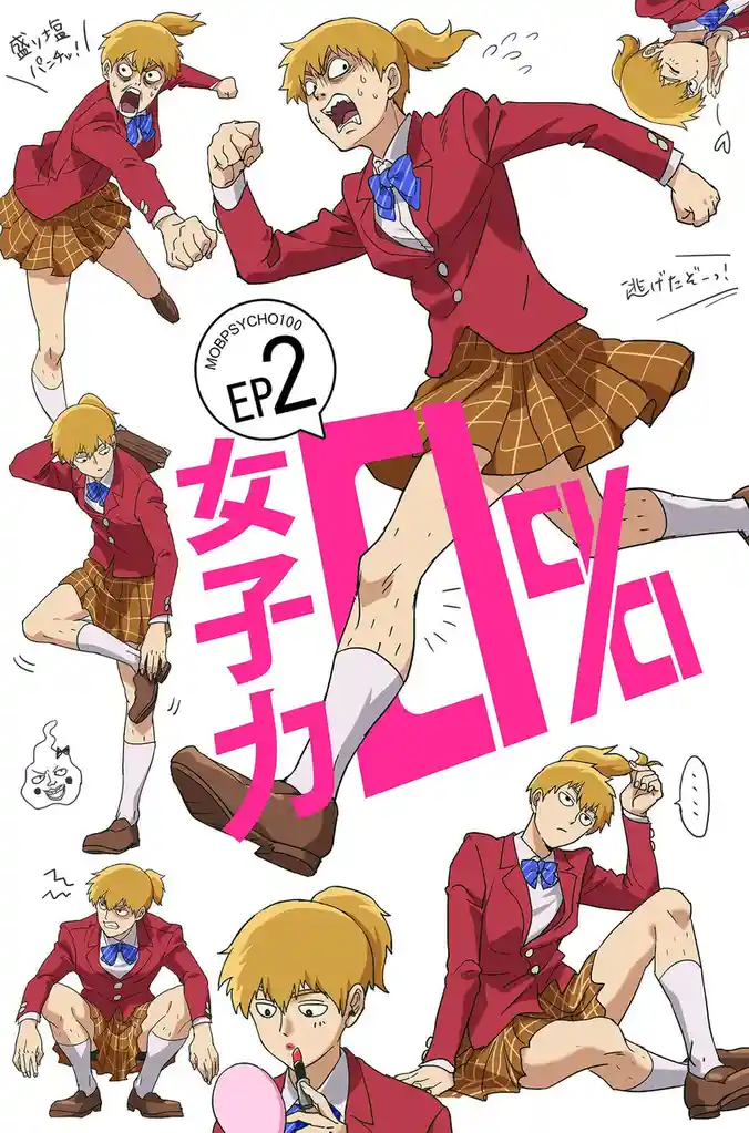 A collage of anime character Momo Ayase from 'Mob Psycho 100' in various exaggerated poses, all wearing a red blazer, plaid…