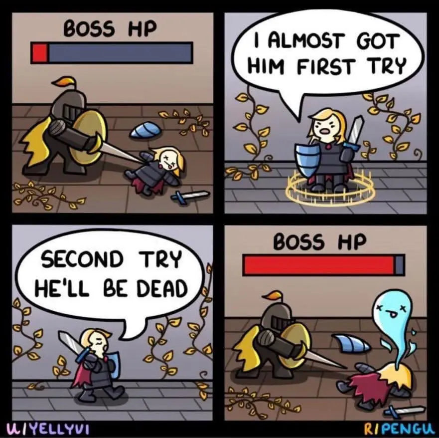 A four-panel comic shows a small knight character repeatedly failing to defeat a large armored boss. In the first panel, the…