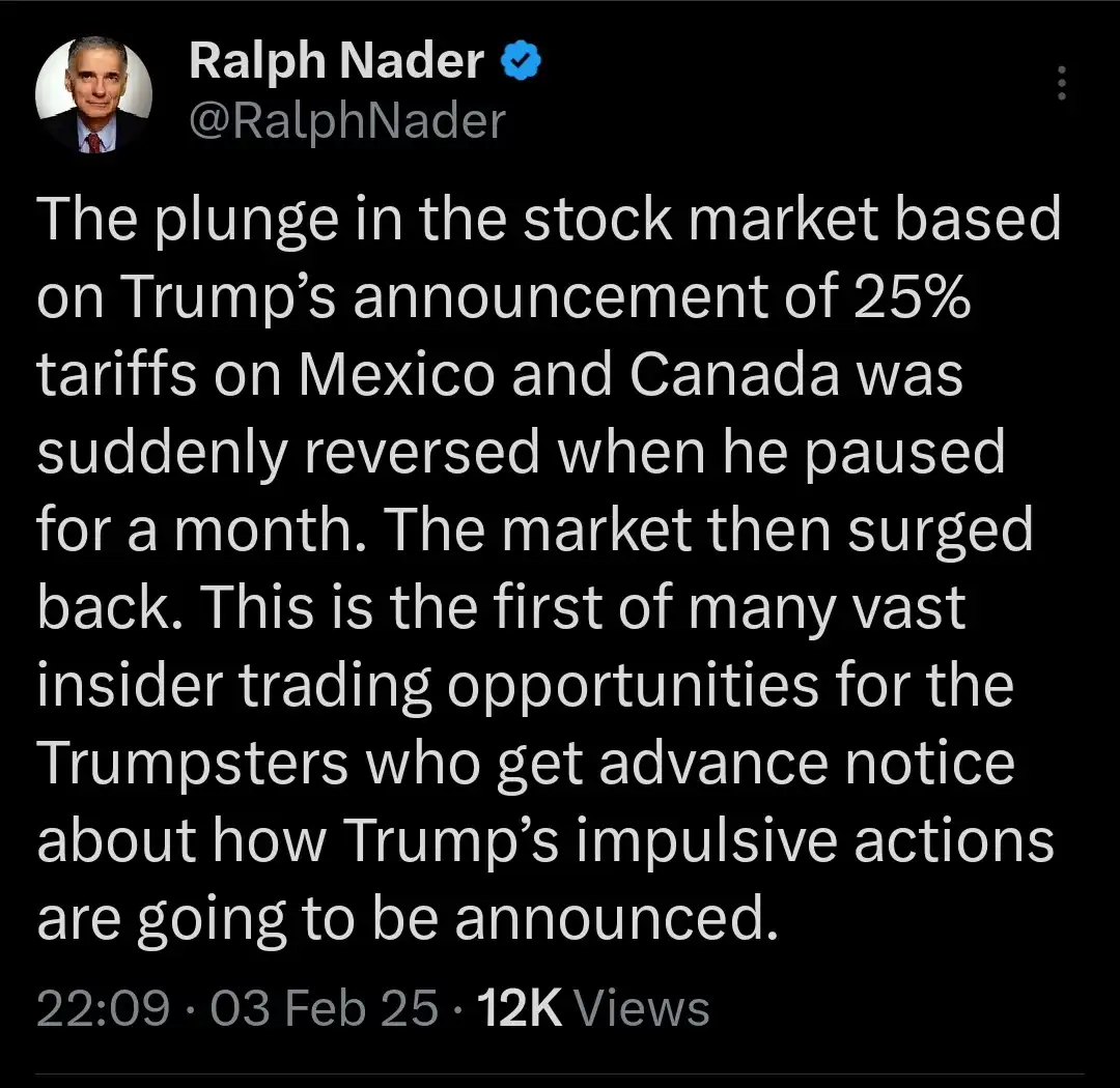 A screenshot of a tweet from verified account @RalphNader, showing his profile picture and a text post about stock market…