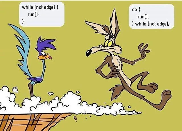 A cartoon image shows the blue bird character Road Runner standing calmly on a cliff edge, while the brown coyote character…
