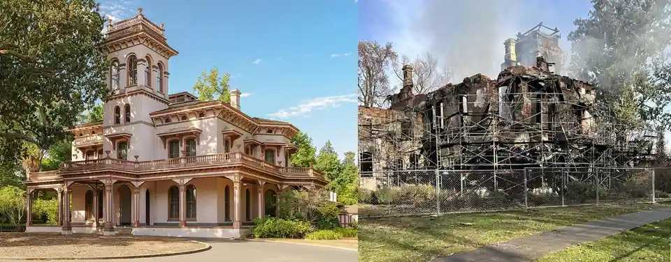 The image displays a side-by-side comparison of a large, ornate Victorian-style house in pristine condition on the left, and…