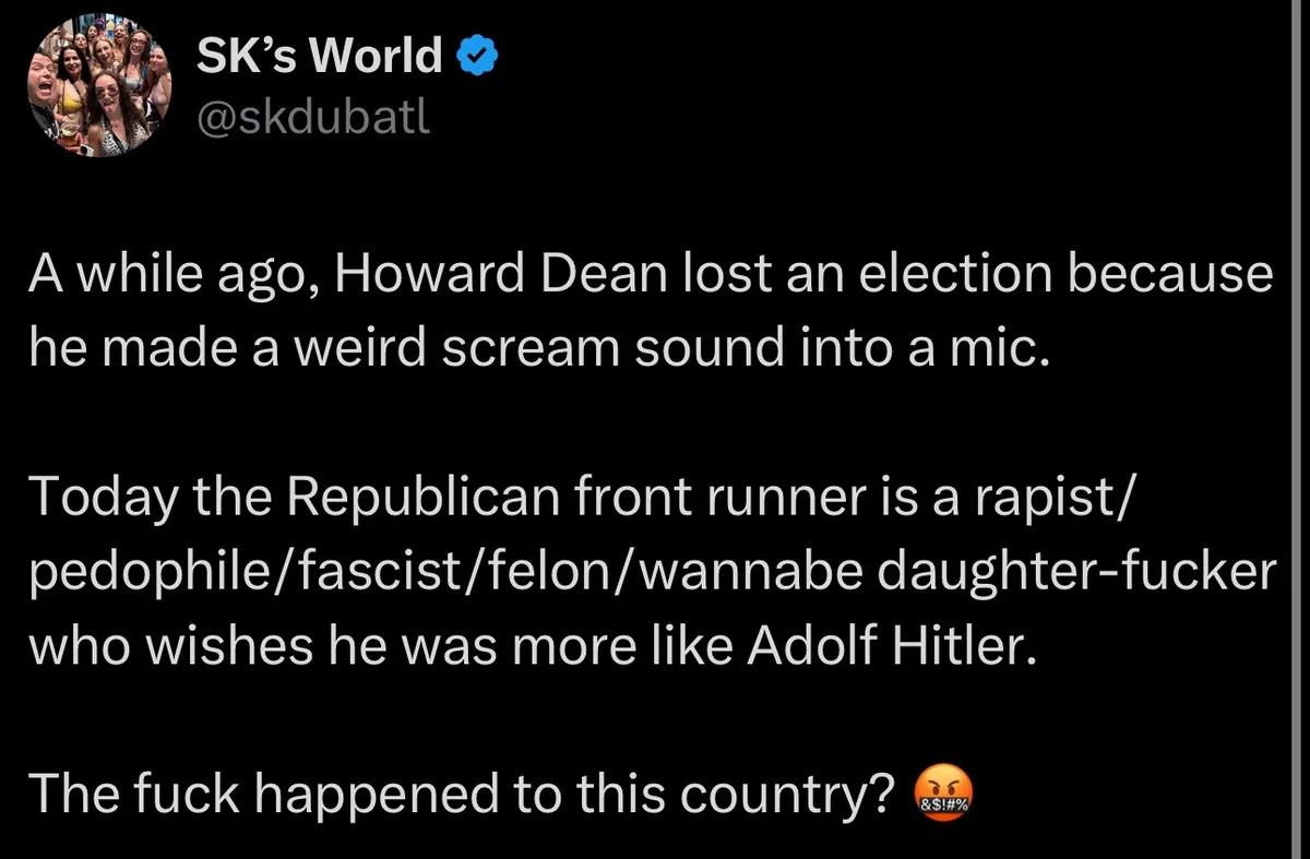 A screenshot of a tweet from 'SK's World' (@skdubatl) with white text on a black background. The tweet humorously contrasts…