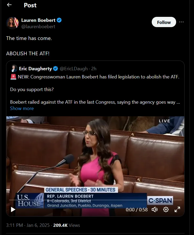 A screenshot of a tweet by Rep. Lauren Boebert showing her speaking at a congressional hearing, overlaid with the text…