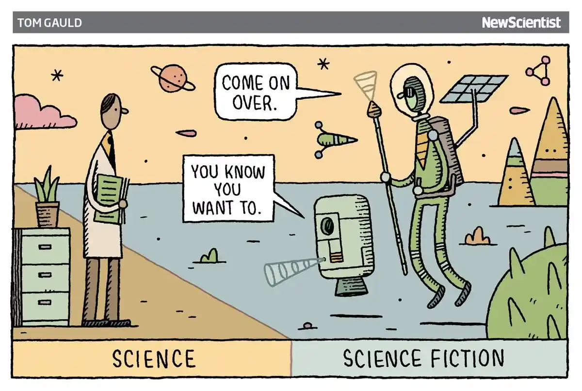 A cartoon depicts a scientist in a lab coat standing on a labeled 'SCIENCE' side, looking at a sci-fi scene on the other…