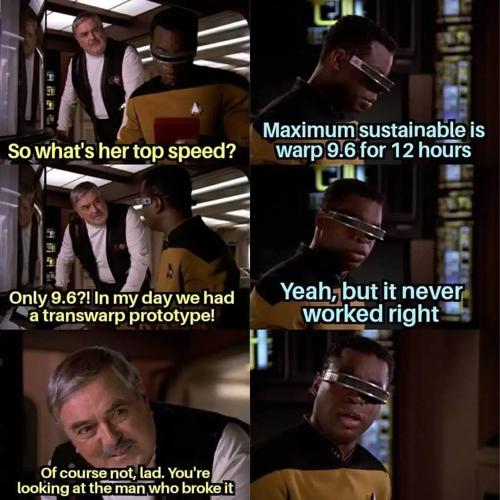 A six-panel Star Trek meme featuring a captain and a science officer. The captain asks about a ship's top speed, the officer…