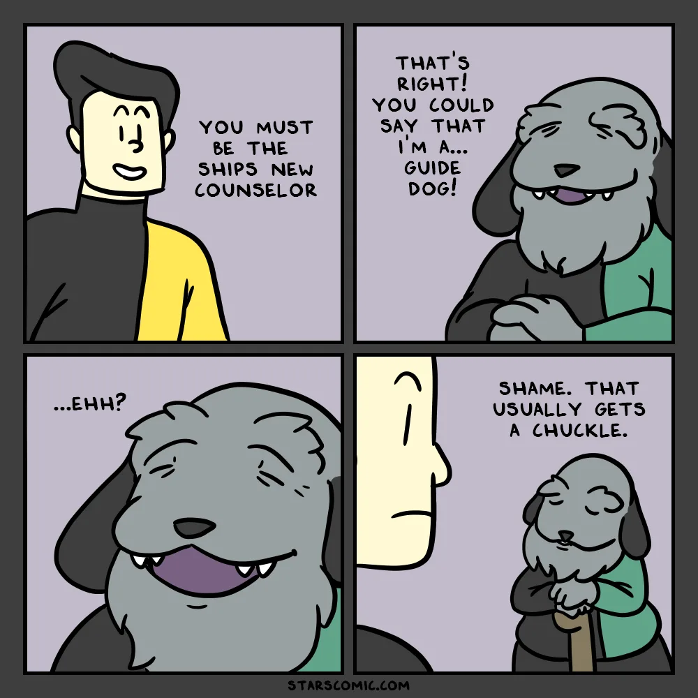 A four-panel comic strip shows a human in a yellow shirt introducing a grey, bearded dog-like character as the ship's new…