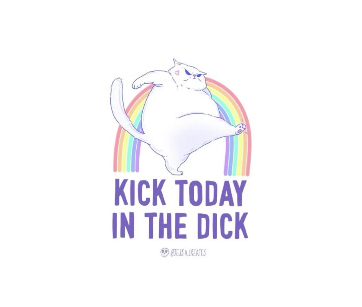 A cartoon illustration of a chubby white cat with a heart-shaped blush on its cheek, kicking its back leg in a defiant pose…