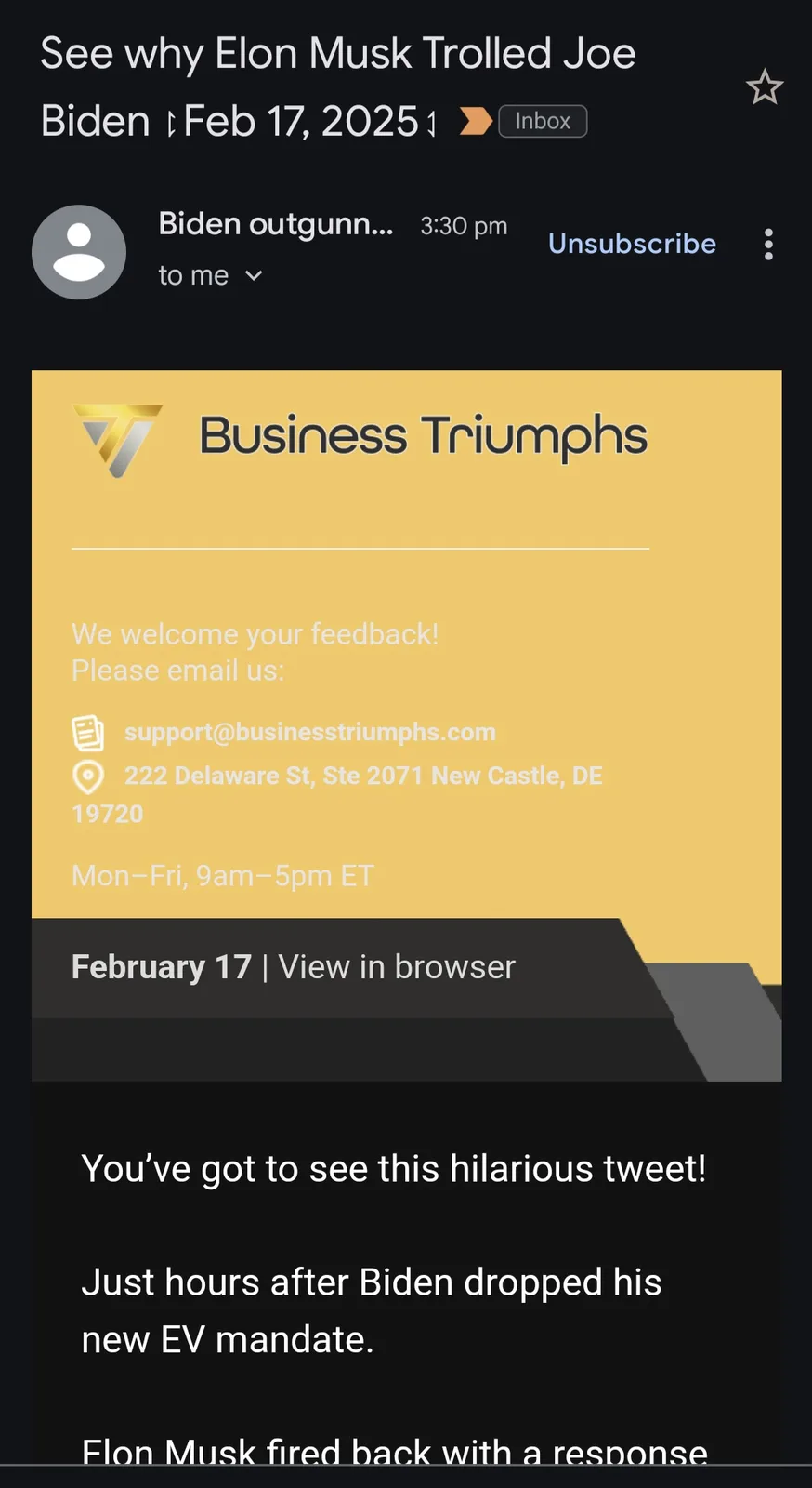 An email screenshot from 'Business Triumphs' with a subject line reading 'See why Elon Musk Trolled Joe Biden ↑ Feb 17…
