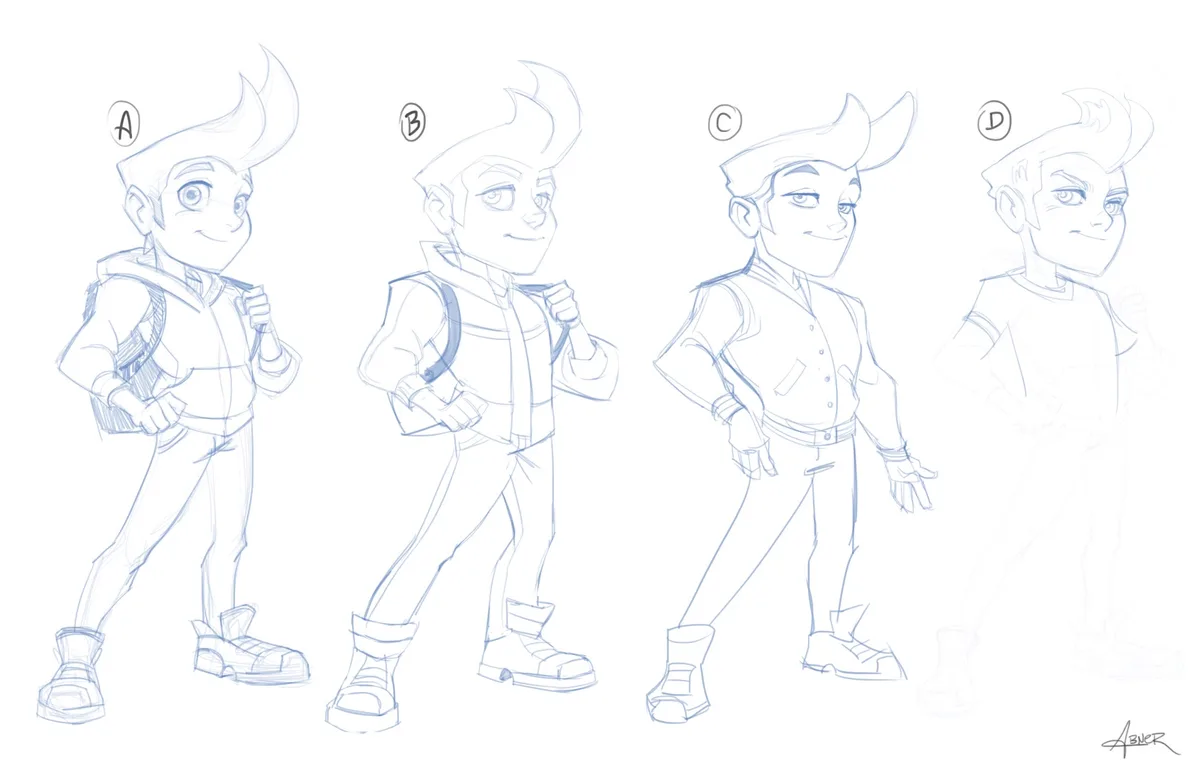Four blue pencil sketches of a cartoon boy labeled A, B, C, and D, showing progressive changes in his hairstyle, clothing…