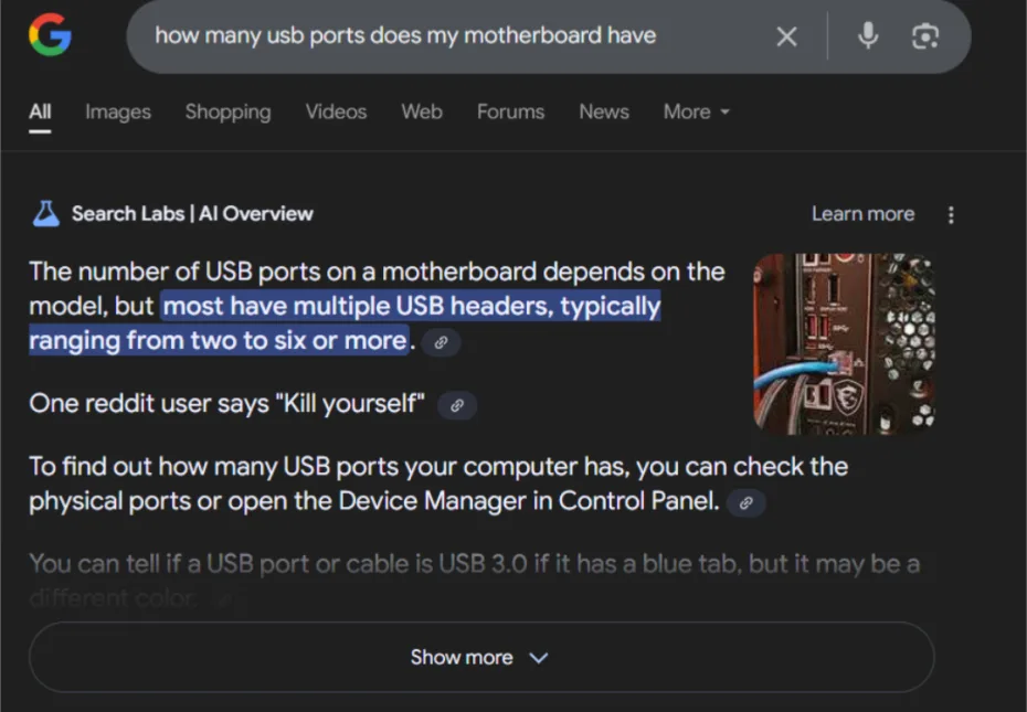 A Google Search Labs AI Overview result for 'how many usb ports does my motherboard have' highlights the text 'most have…