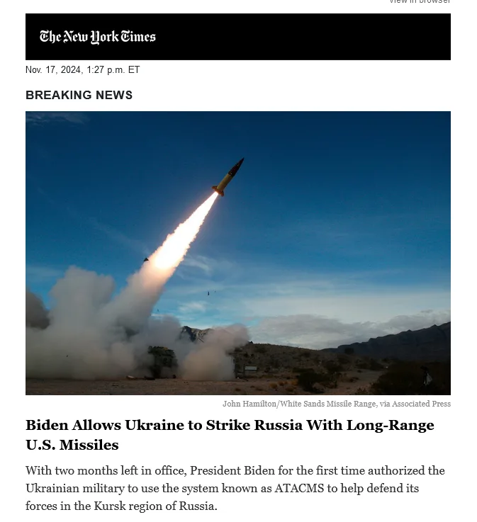 A screenshot of a New York Times breaking news article dated Nov 17, 2024, showing a missile launching into the sky with a…